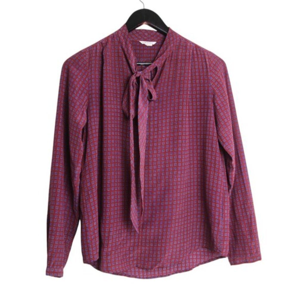 Club Monaco Silk Geometric Patterned Tie Bow Front Long Sleeve Blouse Size XS